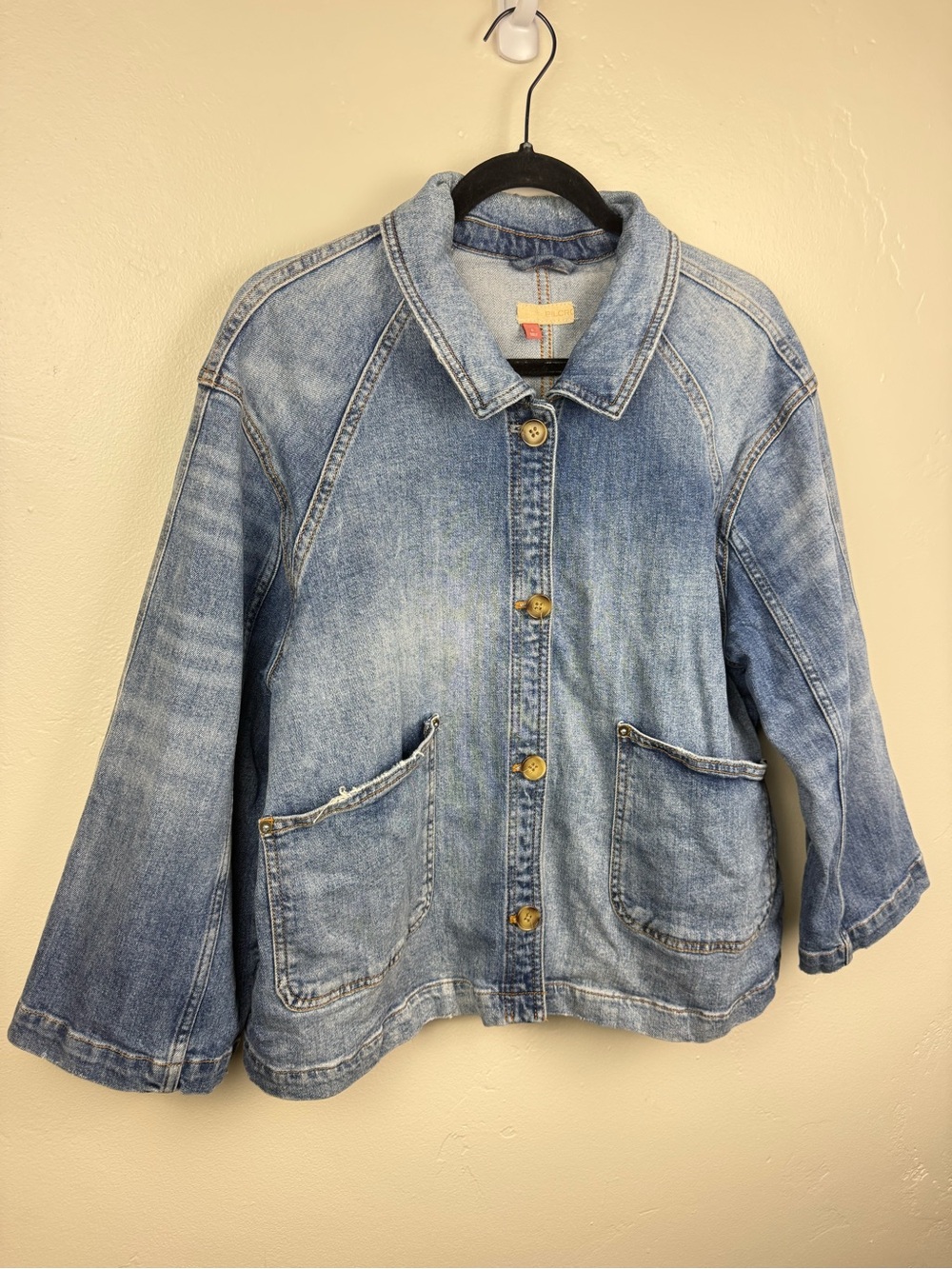 Pilcro Bell Sleeve Denim Trucker Jacket Large Anthropologie 70s Boho - Picture 4 of 6